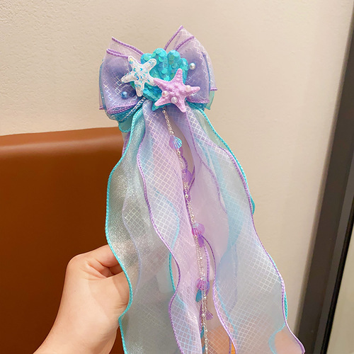 BUTTERFLY HAIRPIN / KA-0104 - Mermaid headdress children's princess butterfly hairpin girl's Aisha yarn braided hairpin mermaid hair accessories Color : Purple and green starfish shell hairpin