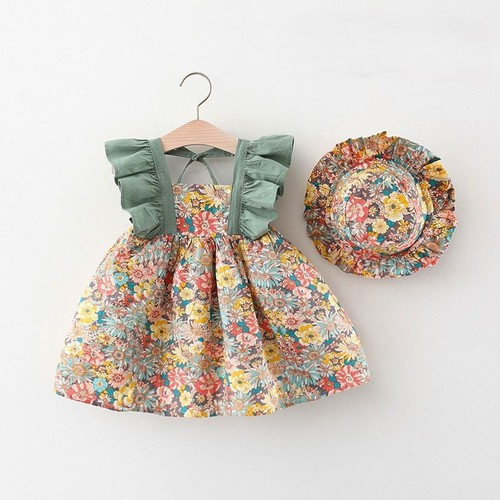 PRINCESS DRESS FOR INFANTS / KC-0007 - GREEN FLORAL SUMMER CLOTHES FOR INFANTS WITH HAT