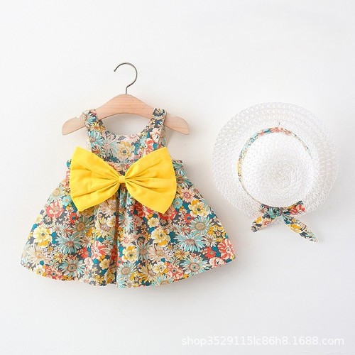 PRINCESS DRESS FOR BABY GIRL / KC-0008 - FLORAL DRESS WITH YELLOW RIBBON AND WHITE HAT