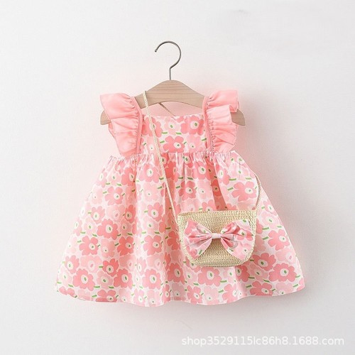 PRINCESS DRESS FOR BABY GIRL / KC-0009 - PINK FLORAL WITH BAG