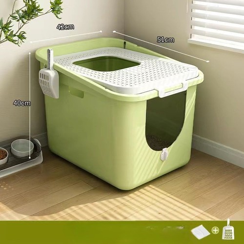 CAT LITTER BOX / PS-0005 - ELEVATED CAT LITTER BOX FULLY ENCLOSED FLIP-TOP COVER WITH FREE SHOVEL GREEN COLOR