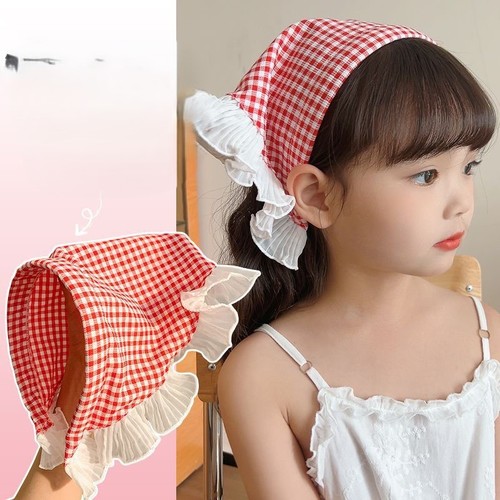 HEADSCARF NON-SLIP HEADBAND / KA-0159 - Children's colorful plaid headscarf non-slip headband pastoral style lace Color : Red Plaid