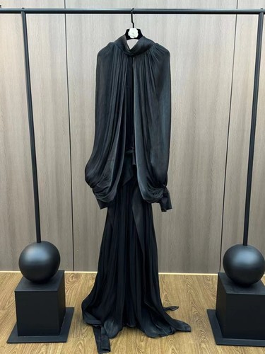 STAND-UP COLLAR LONG DRESS / WD-0033 - BLACK COLOR LONG DRESS STAND UP COLLAR PUFF SLEEVE