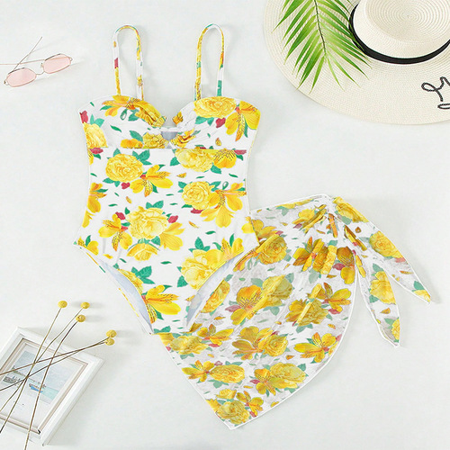 ONE PIECE SWIMSUIT WITH SKIRT SUIT / WD-0052 - SWIMWEAR 2025 CONSERVATIVE ONE-PIECE SWIMSUIT WITH SKIRT SUIT FOR FEMALE Color: Yellow and White Size: Medium, XLarge