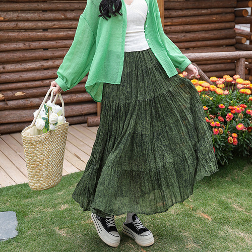 PLEATED FLORAL SKIRT / WD-0053 - Spring and Summer Pleated Floral Skirt for Women Medium Length Color: Pink, Leaf Red Size: Large