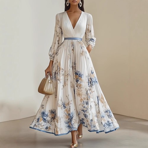 PRINTED WHITE LONG DRESS / WD-0035 - WHITE LONG DRESS WITH PRINTED BLUE AND BROWN