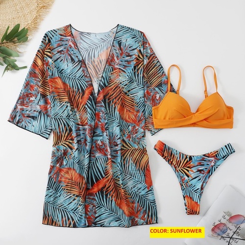 THREE-PIECE SWIMSUIT / WD-0058 - 2025 Three-piece cross-border bikini split swimsuit for female Color : Sunflower Size: Large, XLarge