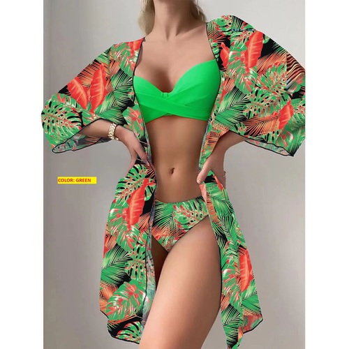 THREE-PIECE SWIMSUIT / WD-0059 - 2025 Three-piece cross-border bikini split swimsuit for female Color : Green Size: Medium, Large