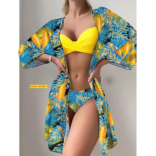 THREE-PIECE SWIMSUIT / WD-0060 - THREE-PIECE SWIMSUIT CROSS- BORDER BIKINI SPLIT SWIMSUIT FOR FEMALE Color: Yellow Size: Medium, Large