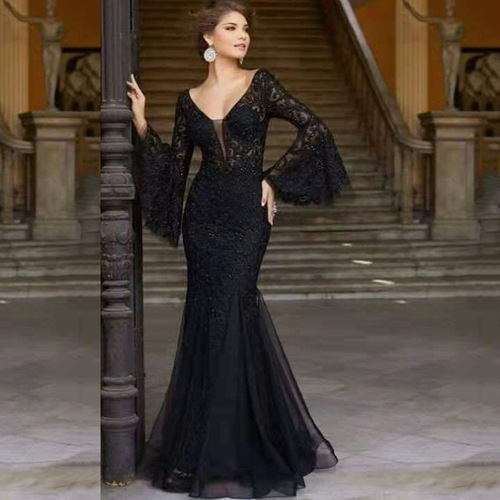 LACE EMBROIDERY FISHTAIL EVENING DRESS / WD-0063 - 2025 Lace Embroidery Fishtail Black Slim Evening Dress Color : Black Size : Large, XLarge