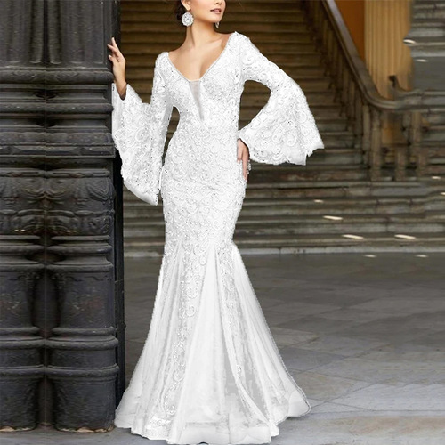 LACE EMBROIDERY FISHTAIL EVENING DRESS / WD-0064 - 2025 Lace Embroidery Fishtail Black Slim Evening Dress Color : White Size : Large, XLarge