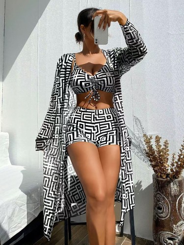 THREE-PIECE SET SWIMSUIT / WD-0073 - Three-Piece Set Gathered Beach High Waist Flat Swim Shorts Color : Black and white Size: Medium, Large