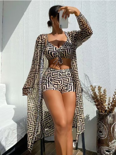 THREE- PIECE SET SWIMSUIT / WD-0074 - Three-Piece Set Gathered Beach High Waist Flat Swim Shorts Color : Brown Size : Large