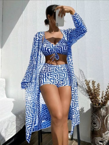 THREE-PIECE SET SWIMSUIT / WD-0075 - Three-Piece Set Gathered Beach High Waist Flat Swim Shorts Color :Blue and white Size : Large, XLarge