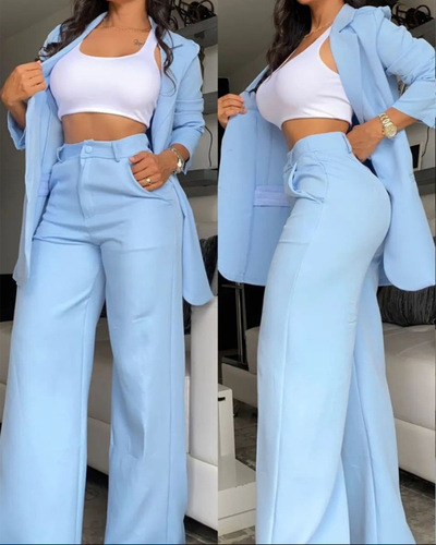 SPLIT SLEEVE LONG PANTS SUIT / WD-0084 - Elegant solid color split sleeve straight pants suit Color: Sky Blue Size: Medium, Large, XLarge, XXLarge