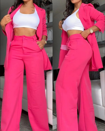SPLIT SLEEVE LONG PANTS SUIT / WD-0083 - Elegant solid color split sleeve straight pants suit Color : Rose Red Size : M