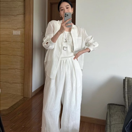 LOOSE SHIRT WIDE LEG PANTS / WD-0094 - 2025 summer new style loose shirt wide leg pants linen Color : White Size : Large / XLarge