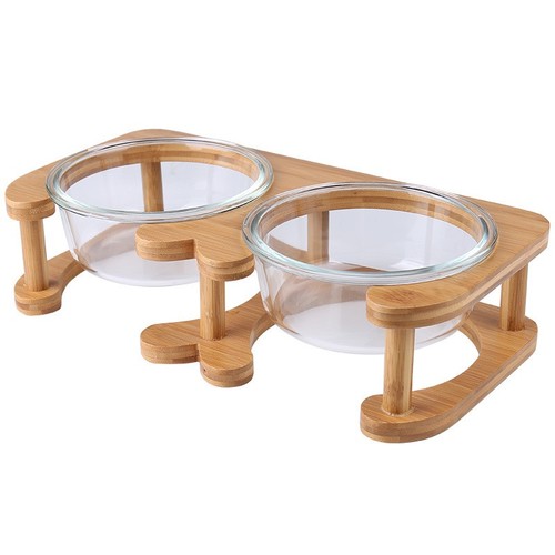 DOUBLE GLASS CAT BOWL WITH WOOD FRAME / PS-0023 - DOUBLE GLASS CAT BOWL WITH WOOD FRAME