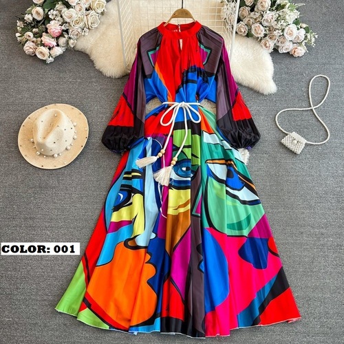 LONG SLEEVES STAND COLLAR PLEATED DRESS / WD-0107 - ONE SIZE LONG SLEEVES STAND COLLAR PLEATED DRESS