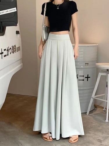 WIDE LEG PLEATED HIGH WAIST PANTS / WD-0132 - COLOR LIGHT BLUE WIDE LEG PLEATED HIGH WAIST PANTS