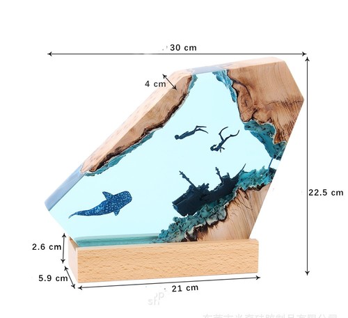 RESIN LAMP 12 INCH + SOLID WOOD BASE / HM-0091 - BEDROOM ORNAMENT Color: Ocean Art Size: 30*22.5*21 cm