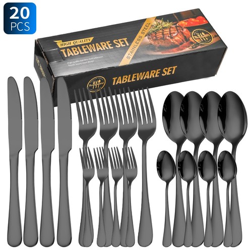 20 PIECES STAINLESS STEEL TABLEWARE SET KNIFE, FORK, SPOON / KN-0084 - COLOR BLACK 20 PIECES STAINLESS STEEL TABLEWARE SET KNIFE, FORK, SPOON