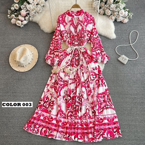 LONG SLEEVES STAND COLLAR PLEATED DRESS / WD-0161 - LONG SLEEVES STAND COLLAR PLEATED DRESS One Size