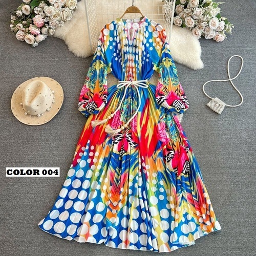 LONG SLEEVES STAND COLLAR PLEATED DRESS / WD-0162 - LONG SLEEVES STAND COLLAR PLEATED DRESS One Size