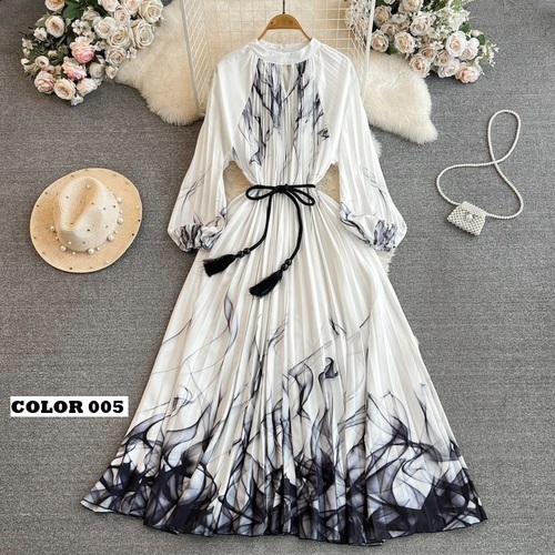 LONG SLEEVES STAND COLLAR PLEATED DRESS / WD-0163 - LONG SLEEVES STAND COLLAR PLEATED DRESS One Size