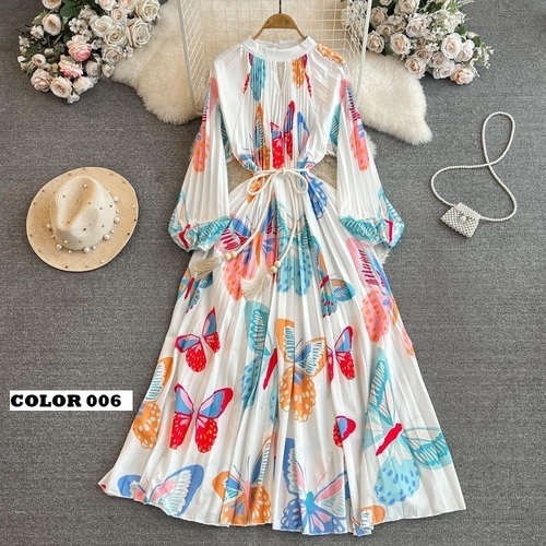 LONG SLEEVES STAND COLLAR PLEATED DRESS / WD-0164 - LONG SLEEVES STAND COLLAR PLEATED DRESS One Size