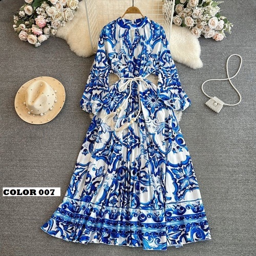 LONG SLEEVES STAND COLLAR PLEATED DRESS / WD-0165 - LONG SLEEVES STAND COLLAR PLEATED DRESS One Size