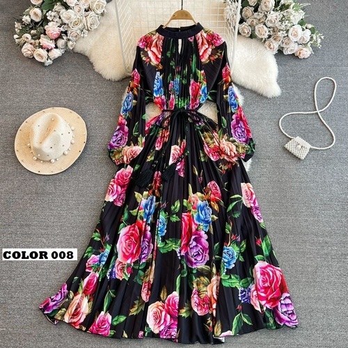 LONG SLEEVES STAND COLLAR PLEATED DRESS / WD-0166 - LONG SLEEVES STAND COLLAR PLEATED DRESS One Size