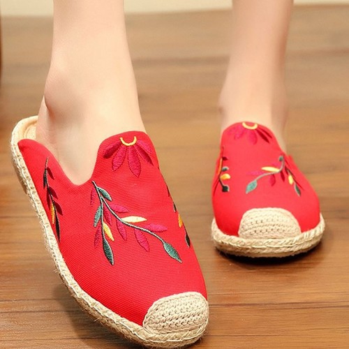 COLOR RED EMBROIDERED LEAF ROPE STYLE SHOES / WS-0040 - COLOR RED EMBROIDERED LEAF ROPE STYLE SHOES