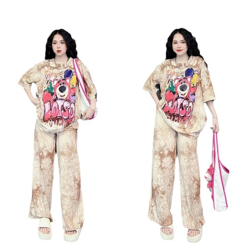 APRICOT COLOR 2 PIECE SHORT-SLEEVED AND WIDE LEG PANTS / WD-0142 - ONE SIZE APRICOT COLOR 2 PIECE SHORT-SLEEVED AND WIDE LEG PANTS