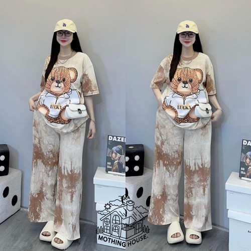 2 PIECE LOOSE BEAR STYLE SHORT-SLEEVED AND WIDE LEG PANTS / WD-0144 - COLOR KHAKI ONE SIZE 2 PIECE LOOSE BEAR STYLE SHORT-SLEEVED AND WIDE LEG PANTS