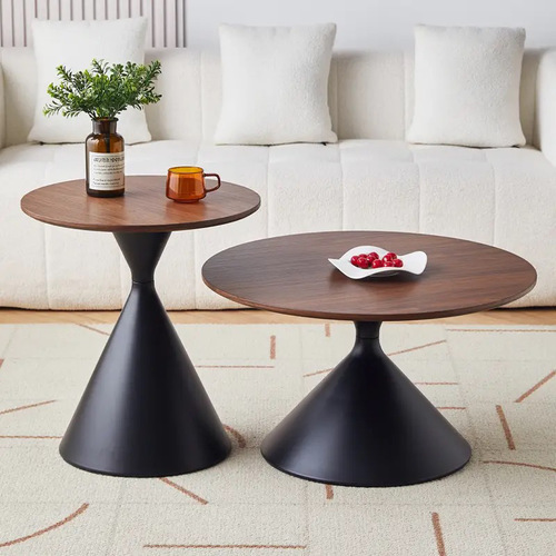 ROUND TEA TABLE 2 PIECES / HM-0161 - ROUND TEA TABLE SMALL 2 PIECES Color : Matte black base + walnut tabletop Size: Small 50 cm + Large 70 cm