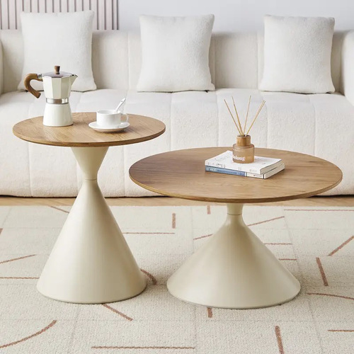 ROUND TEA TABLE 2 PIECES / HM-0162 - ROUND TEA TABLE 2 PIECES Color : warm white base + wood grain tabletop Size: Small 50 cm + Large 70 cm