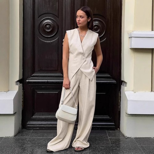 TWO PIECE LINEN VEST AND WIDE LEG PANTS / WD-0146 - TWO PIECE LINEN VEST AND WIDE LEG PANTS