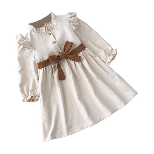 COLOR BEIGE LONG SLEEVES BOW STYLE DRESS / BB-0213 - COLOR BEIGE LONG SLEEVES BOW STYLE DRESS