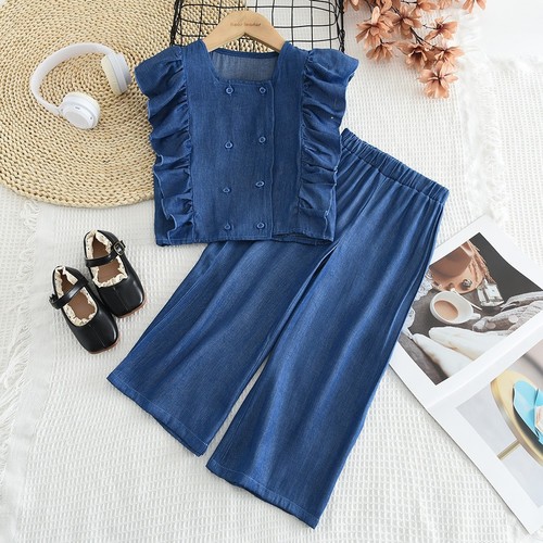 TWO PIECE DARK BLUE DENIM SLEEVELESS TOPS AND PANTS / BB-0217 - TWO PIECE DARK BLUE DENIM SLEEVELESS TOPS AND PANTS