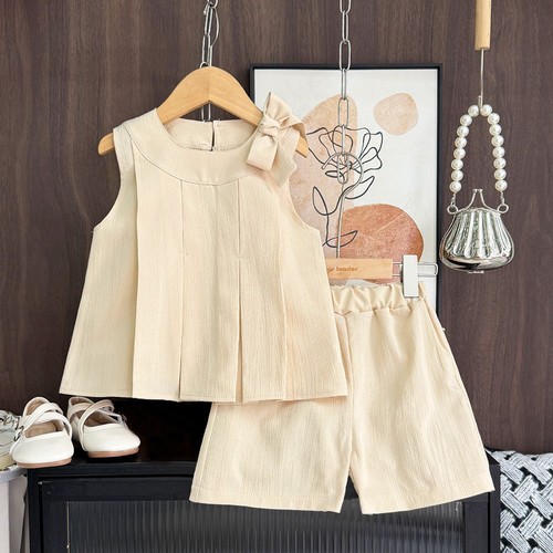 COLOR OFF-WHITE TWO PIECE BOW STYLE PLEATED SLEEVELESS TOP AND SHORT / BB-0219 - COLOR OFF-WHITE TWO PIECE BOW STYLE PLEATED SLEEVELESS TOP AND SHORT