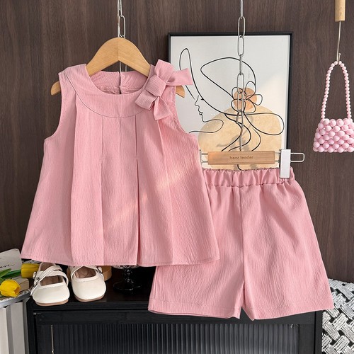 COLOR PINK TWO PIECE BOW STYLE PLEATED SLEEVELESS TOP AND SHORT / BB-0220 - COLOR PINK TWO PIECE BOW STYLE PLEATED SLEEVELESS TOP AND SHORT