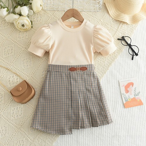 TWO PIECE SHORT SLEEVED TOP AND PLAID SKIRT / BB-0227 - TWO PIECE SHORT SLEEVED TOP AND PLAID SKIRT