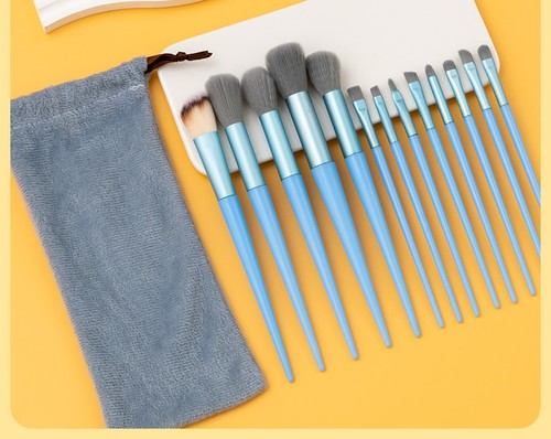 MAKE UP BRUSH SET 13 PIECES- BLUE / MU-0028 - Appearance color : 13 blue brush sets + cloth bag