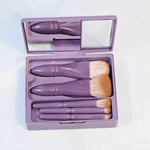 5 PIECE MAKE-UP BRUSH MINI WITH MIRROR - ELEGANT PURPLE / MU-0034 - Color: Elegant Purple