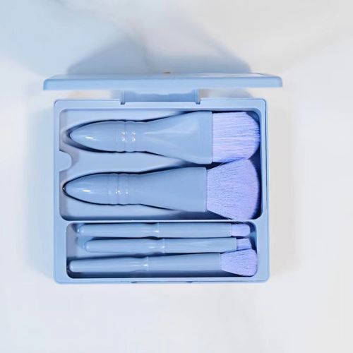 5- PIECE MAKE UP BRUSH MINI WITH MIRROR / MU-0035 - Color: Fresh Blue