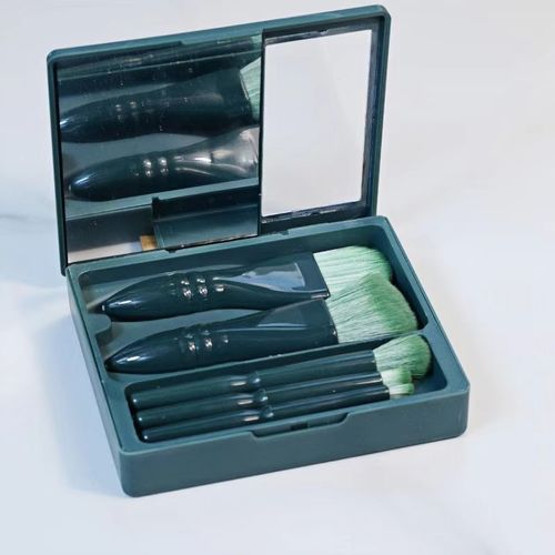 5- PIECE MAKE UP BRUSH MINI WITH MIRROR- DARK GREEN / MU-0037 - Color: Dark Green