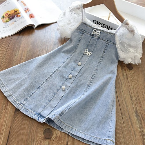 BUBBLE MESH SLEEVE SOFT DENIM DRESS / BB-0240 - BUBBLE MESH SLEEVE SOFT DENIM DRESS