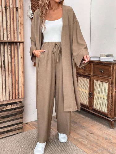 TWO-PIECE WIDE-LEG PANTS AND NEW LOOSE CARDIGANS / GL-0072 - COLOR KHAKI TWO-PIECE WIDE-LEG PANTS AND NEW LOOSE CARDIGANS