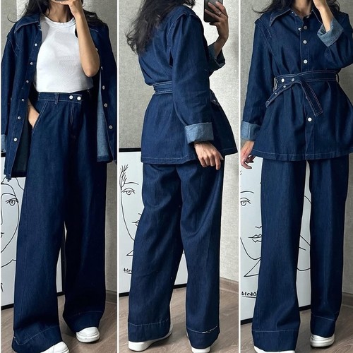 TWO PIECE LONG SLEEVE NAVY BLUE DENIM AND WIDE LEG JEANS / GL-0073 - TWO PIECE LONG SLEEVE NAVY BLUE DENIM AND WIDE LEG JEANS
